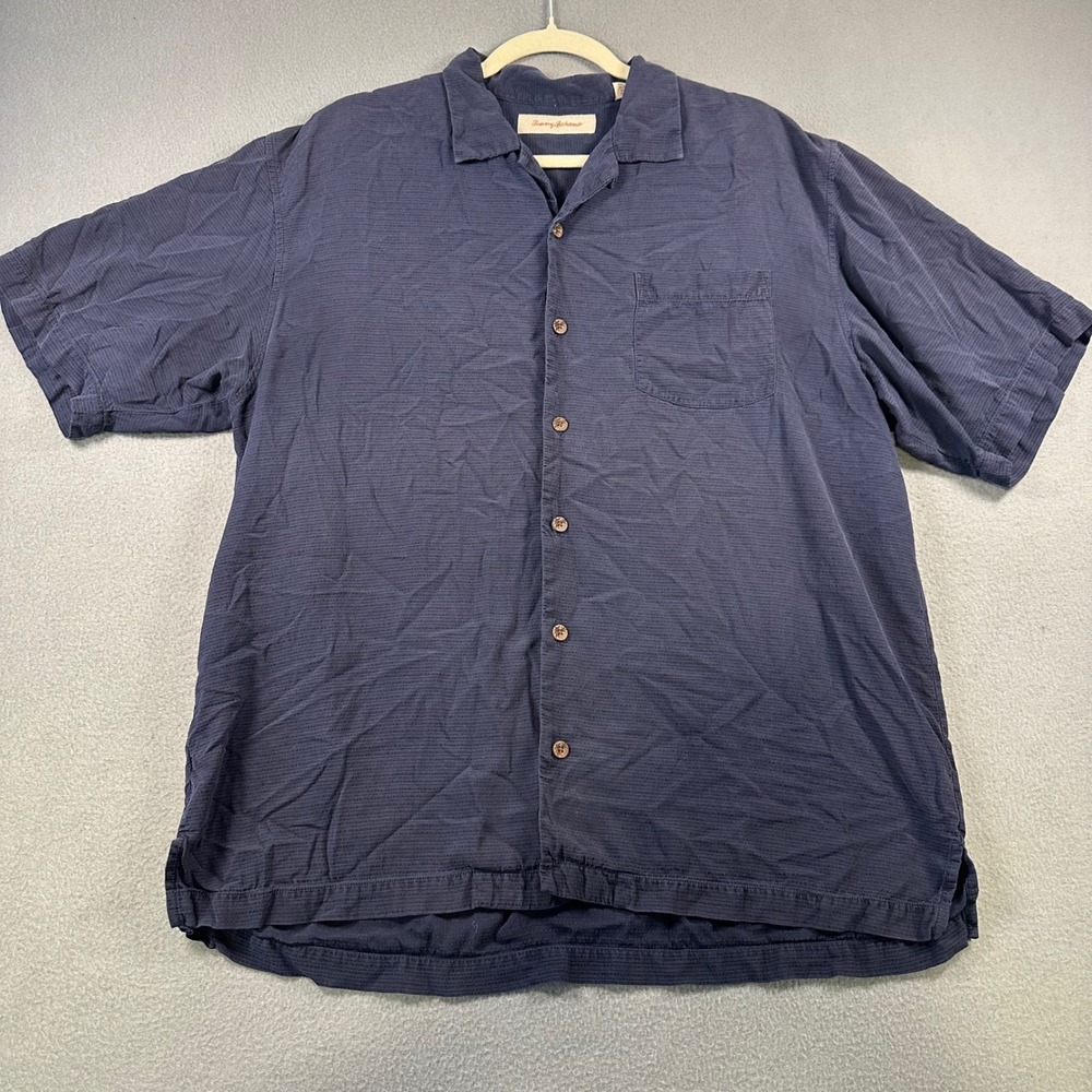 Tommy Bahama Mens Large Blue 100% Silk Short Sleeve Textured Button Up Shirt